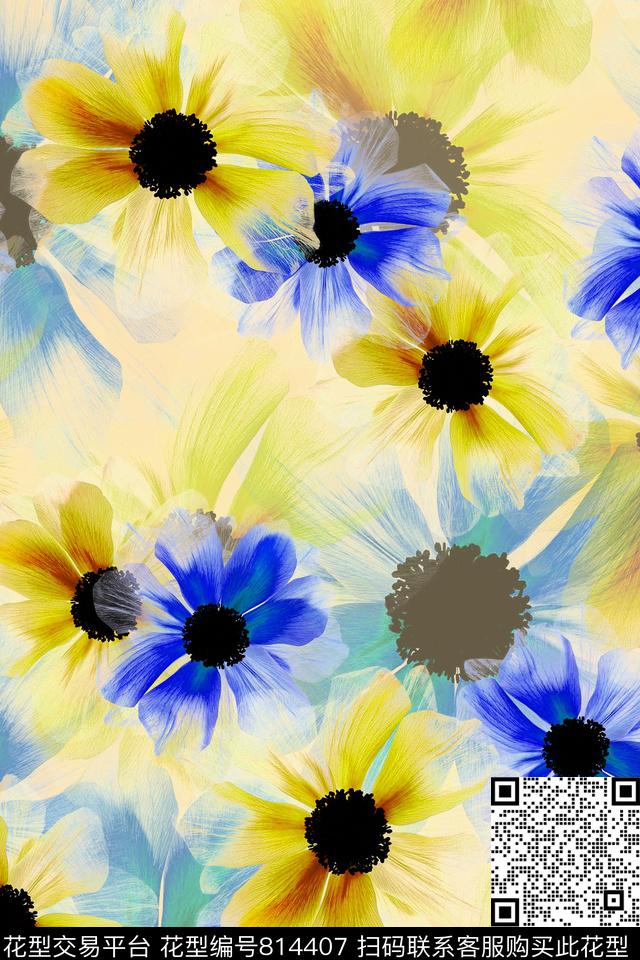 大花花卉花朵数码印花华亿平台下载（图片编号: 814407） - 瓦栏（Walan）