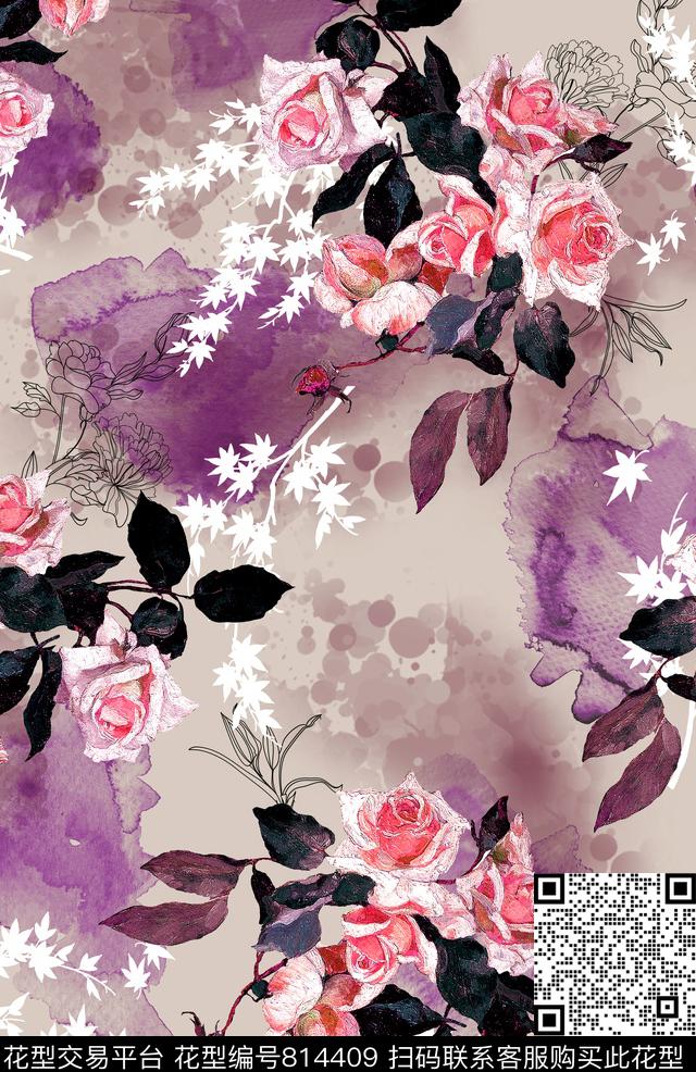 玫瑰油画花卉肌理数码印花华亿平台下载（图片编号: 814409） - 瓦栏（Walan）