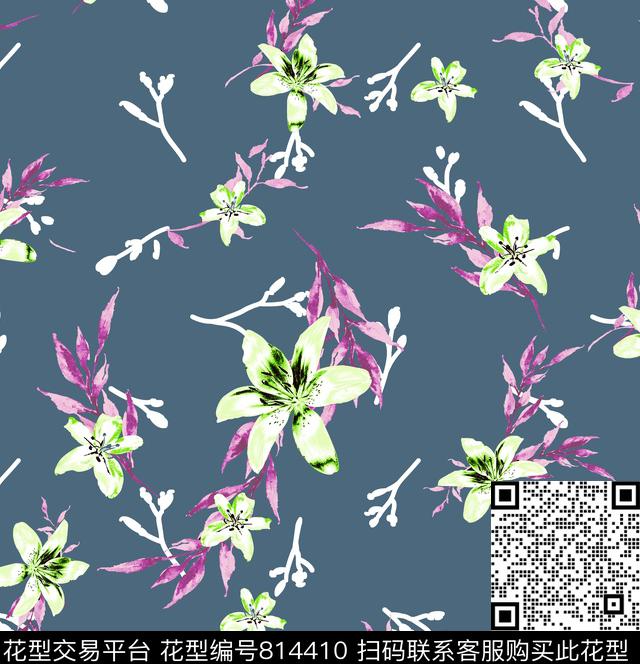 花卉水彩树枝数码印花华亿平台下载（图片编号: 814410） - 瓦栏（Walan）