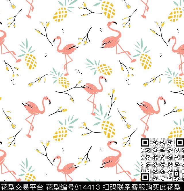 手绘火烈鸟菠萝传统印花华亿平台下载（图片编号: 814413） - 瓦栏（Walan）