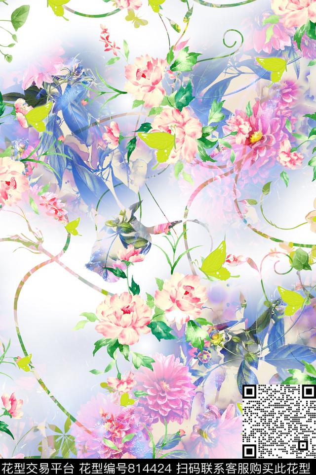 花蝴蝶藤条数码印花华亿平台下载（图片编号: 814424） - 瓦栏（Walan）