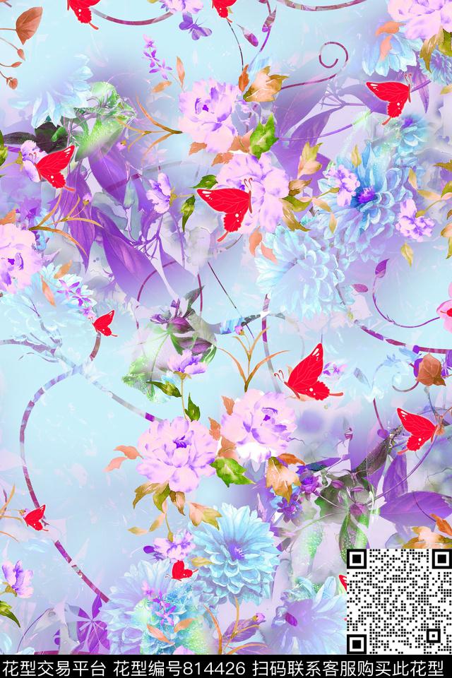 花蝴蝶藤条数码印花华亿平台下载（图片编号: 814426） - 瓦栏（Walan）