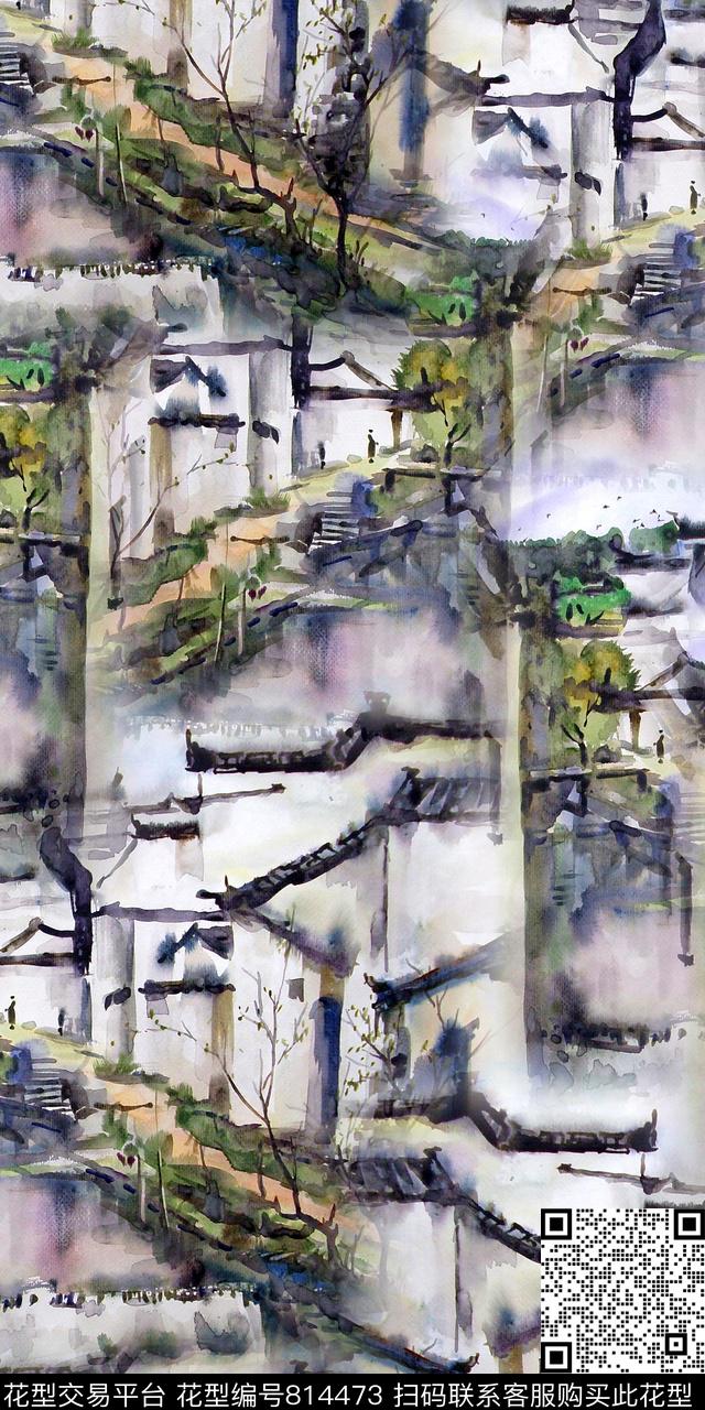手绘风景满版花数码印花华亿平台下载（图片编号: 814473） - 瓦栏（Walan）