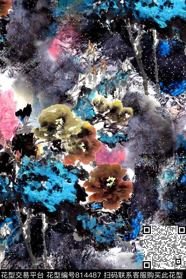 中国风水彩花卉数码印花华亿平台下载（图片编号: 814487） - 瓦栏（Walan）