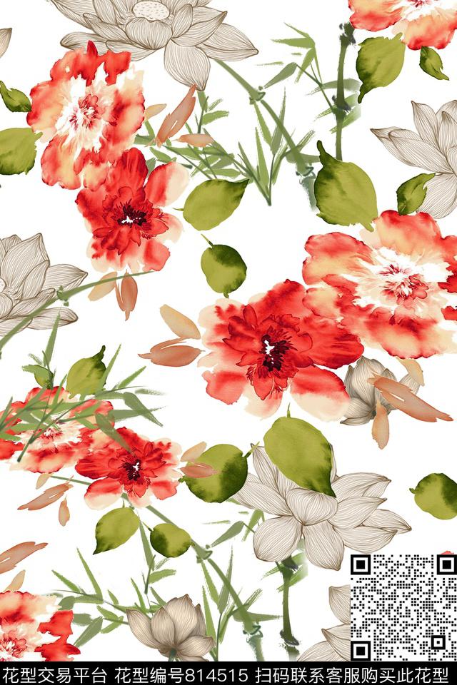 花卉竹叶荷花数码印花华亿平台下载（图片编号: 814515） - 瓦栏（Walan）