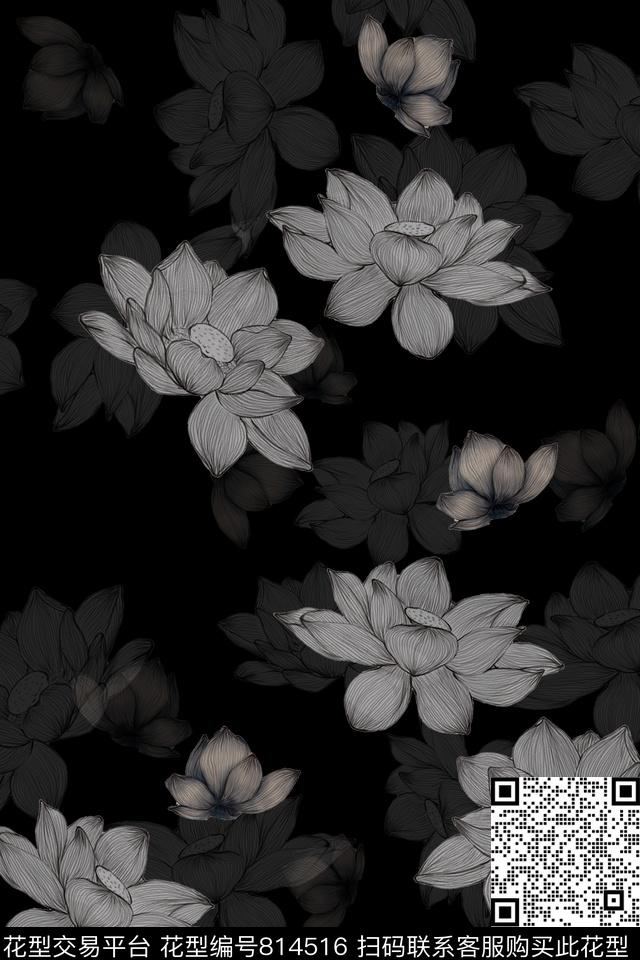 花卉荷花大花数码印花华亿平台下载（图片编号: 814516） - 瓦栏（Walan）