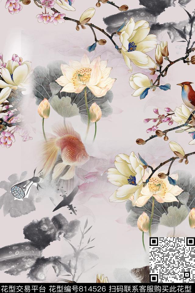 花鸟荷花桃花数码印花华亿平台下载（图片编号: 814526） - 瓦栏（Walan）