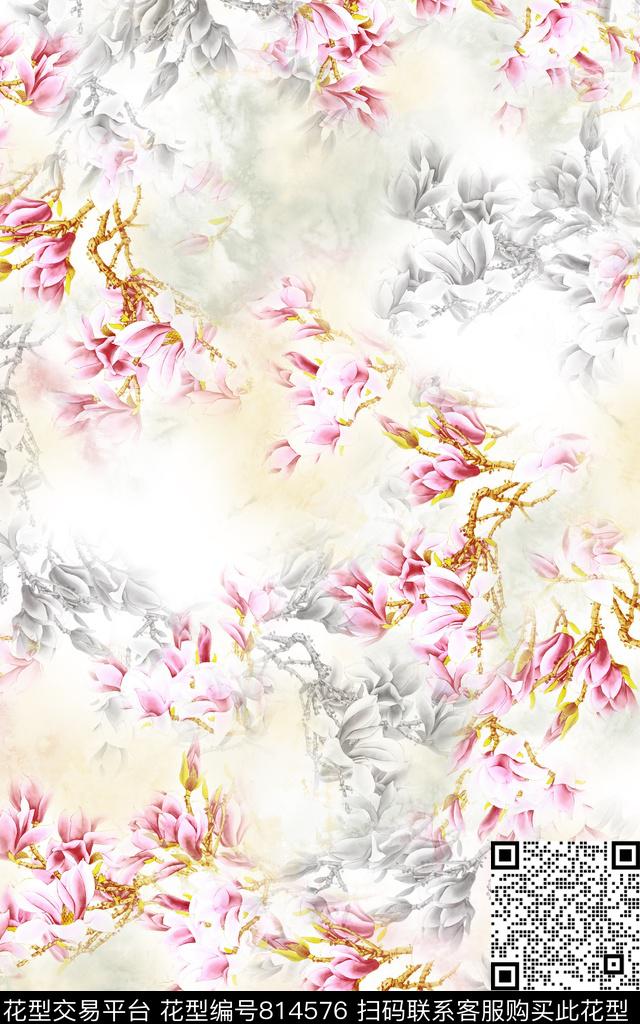 中国风国画玉兰花数码印花华亿平台下载（图片编号: 814576） - 瓦栏（Walan）