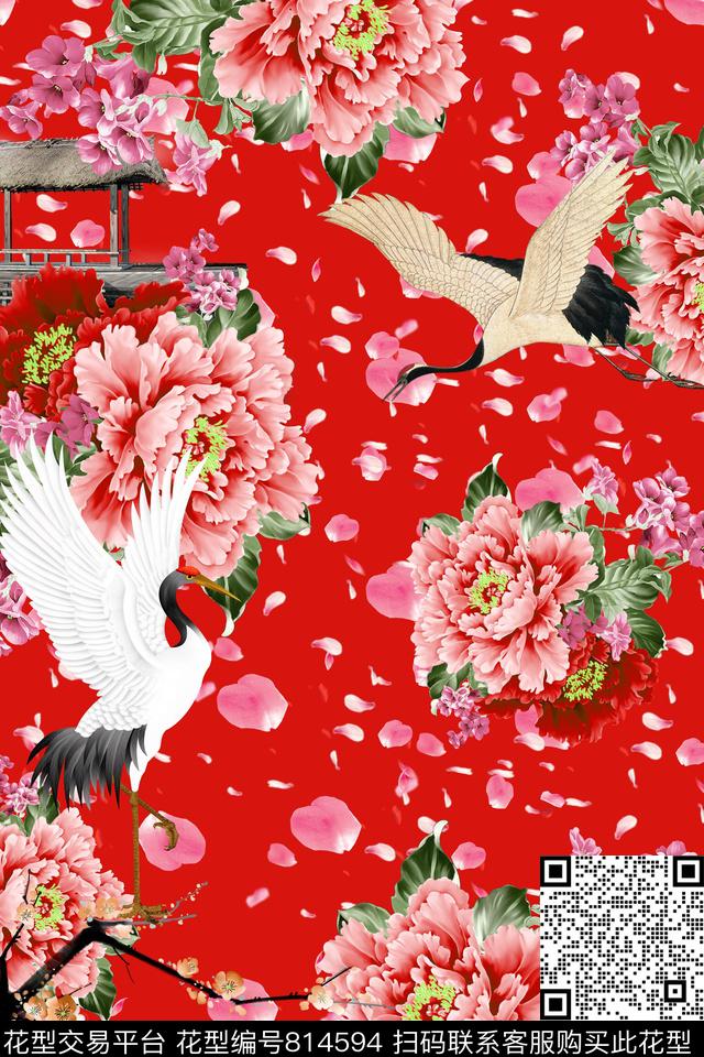 桃花仙鹤牡丹花数码印花华亿平台下载（图片编号: 814594） - 瓦栏（Walan）