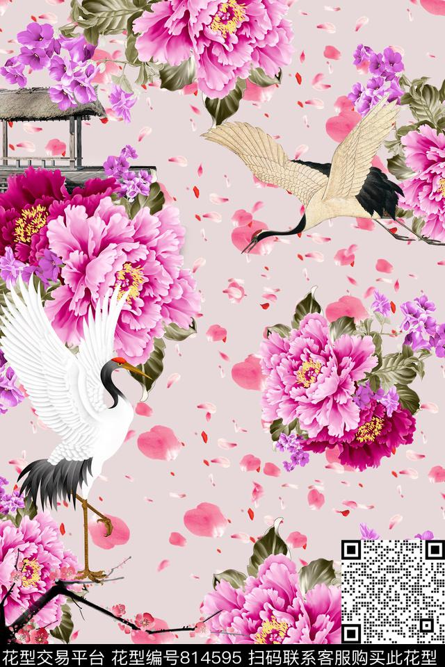 桃花仙鹤牡丹花数码印花华亿平台下载（图片编号: 814595） - 瓦栏（Walan）