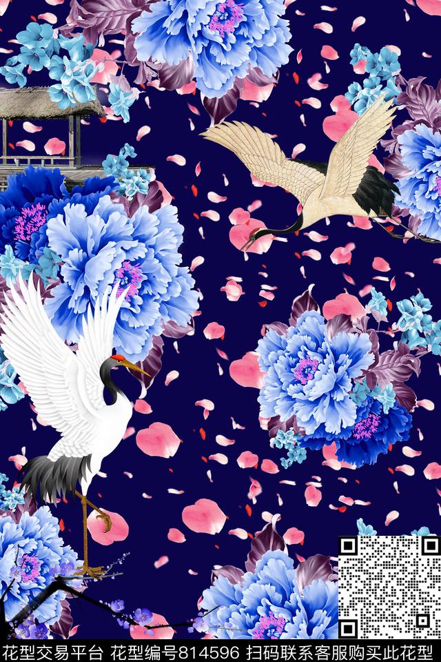 桃花仙鹤牡丹花数码印花华亿平台下载（图片编号: 814596） - 瓦栏（Walan）