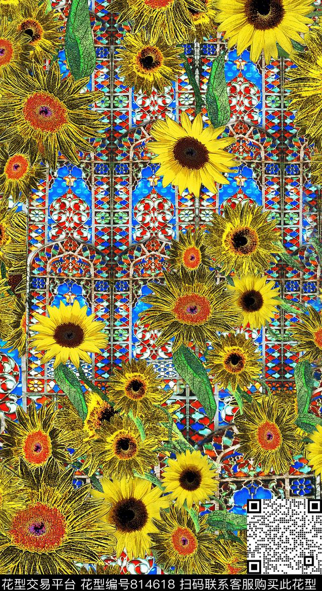 大花向日葵花卉数码印花华亿平台下载（图片编号: 814618） - 瓦栏（Walan）
