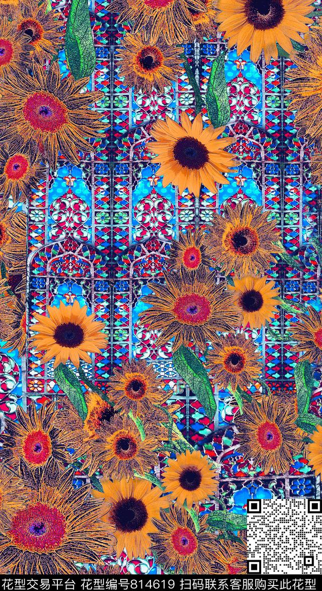 大花向日葵花卉数码印花华亿平台下载（图片编号: 814619） - 瓦栏（Walan）