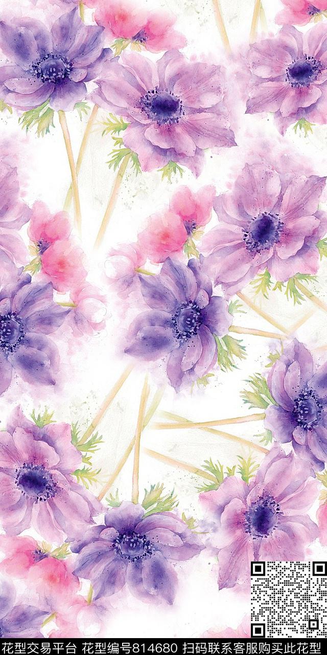 水彩花雏菊手绘数码印花华亿平台下载（图片编号: 814680） - 瓦栏（Walan）