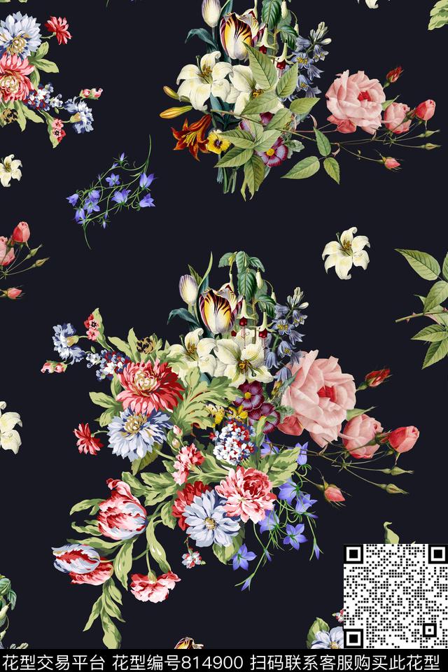 乱花玫瑰花朵数码印花华亿平台下载（图片编号: 814900） - 瓦栏（Walan）