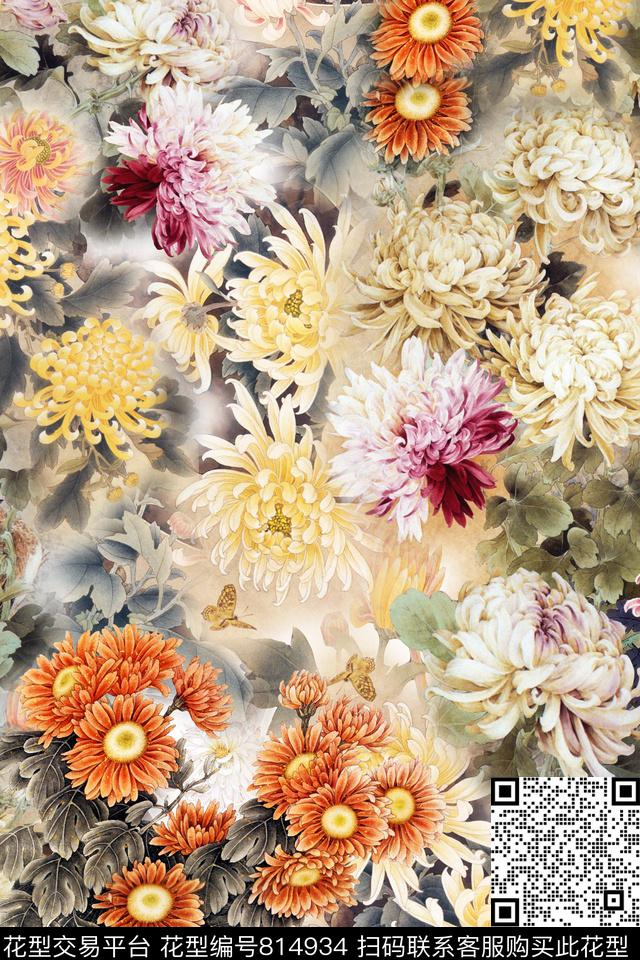 花卉菊花大花数码印花华亿平台下载（图片编号: 814934） - 瓦栏（Walan）