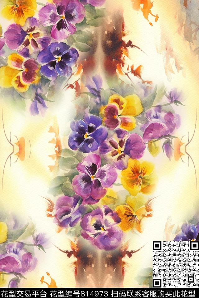 手绘水彩花卉数码印花华亿平台下载（图片编号: 814973） - 瓦栏（Walan）