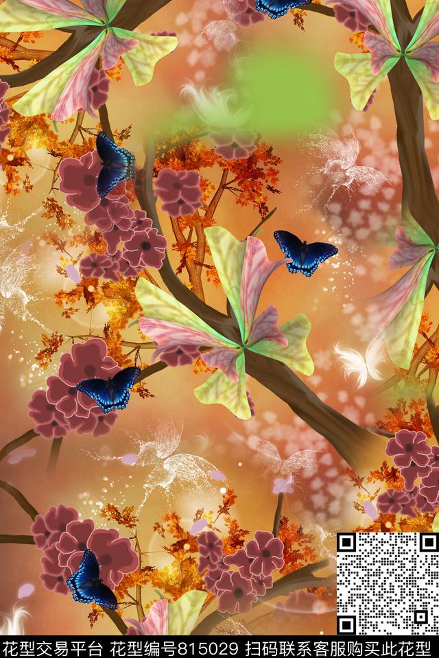 水蝴蝶梅花风景数码印花华亿平台下载（图片编号: 815029） - 瓦栏（Walan）