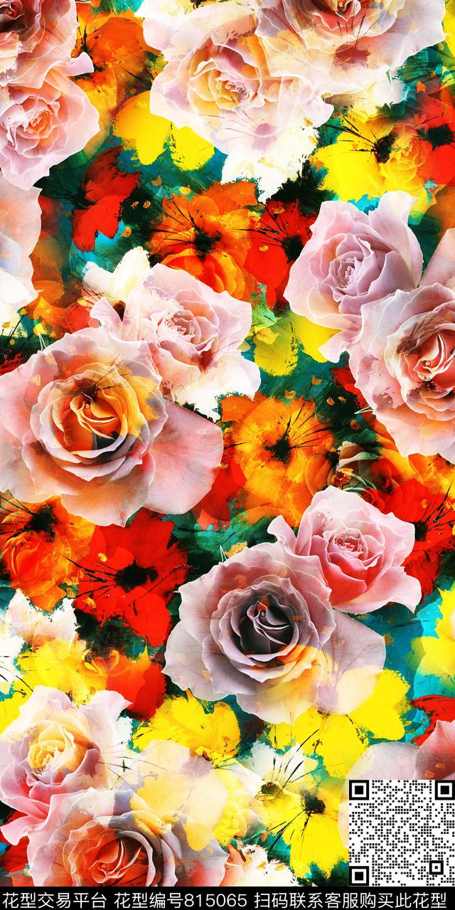 玫瑰牡丹兰花数码印花华亿平台下载（图片编号: 815065） - 瓦栏（Walan）