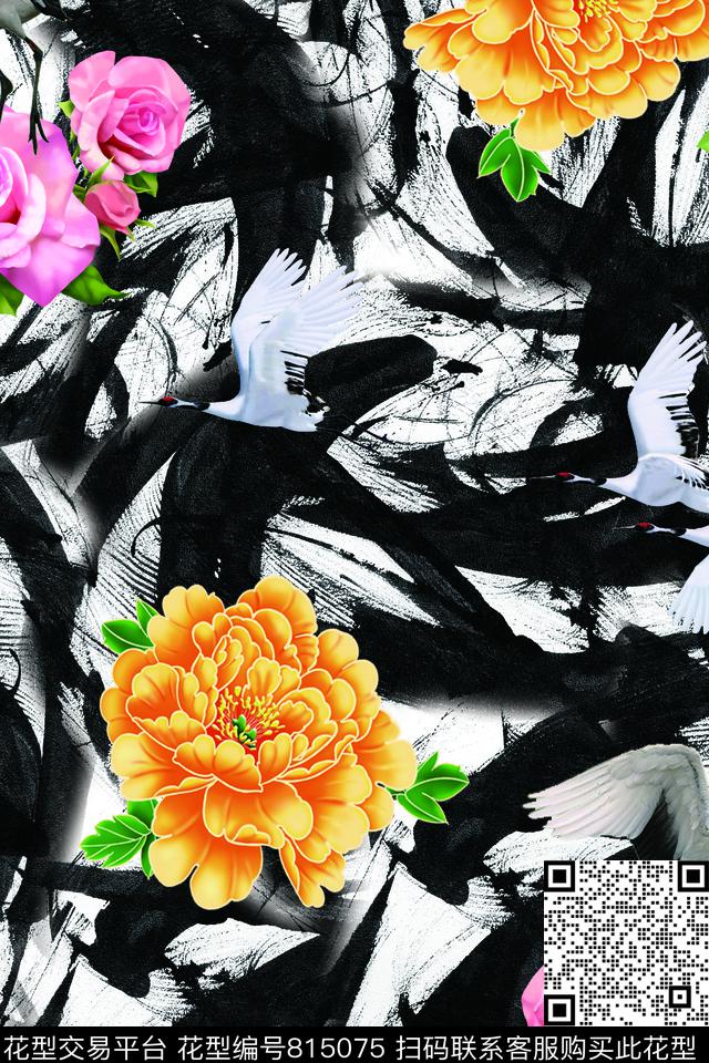 花仙鹤水墨数码印花华亿平台下载（图片编号: 815075） - 瓦栏（Walan）