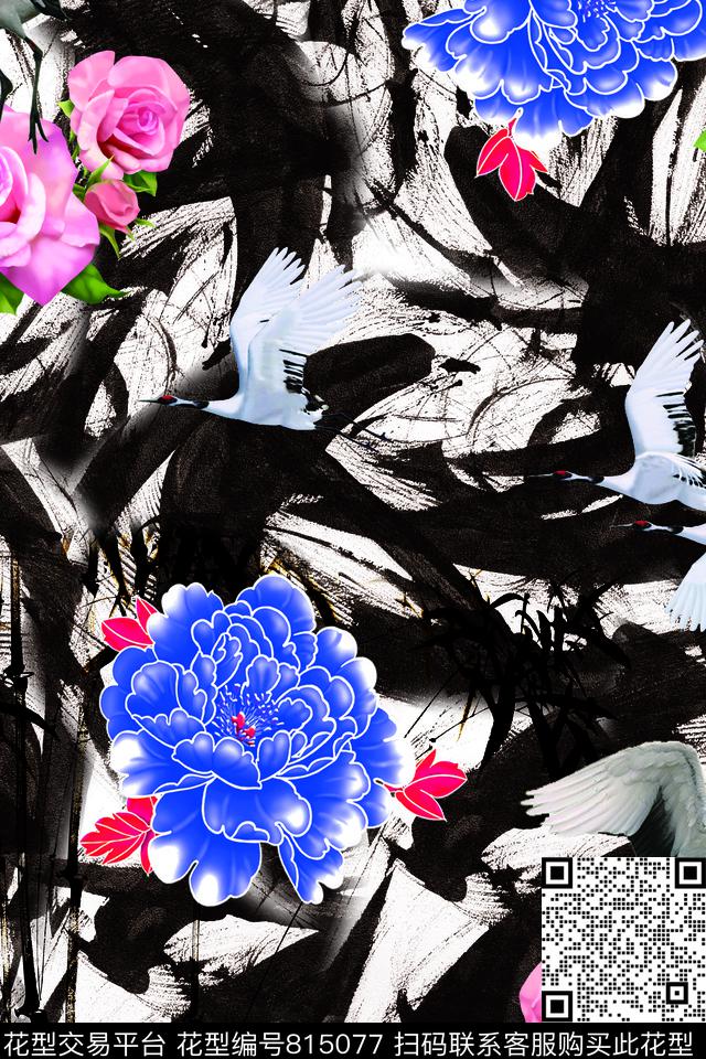 花仙鹤水墨数码印花华亿平台下载（图片编号: 815077） - 瓦栏（Walan）