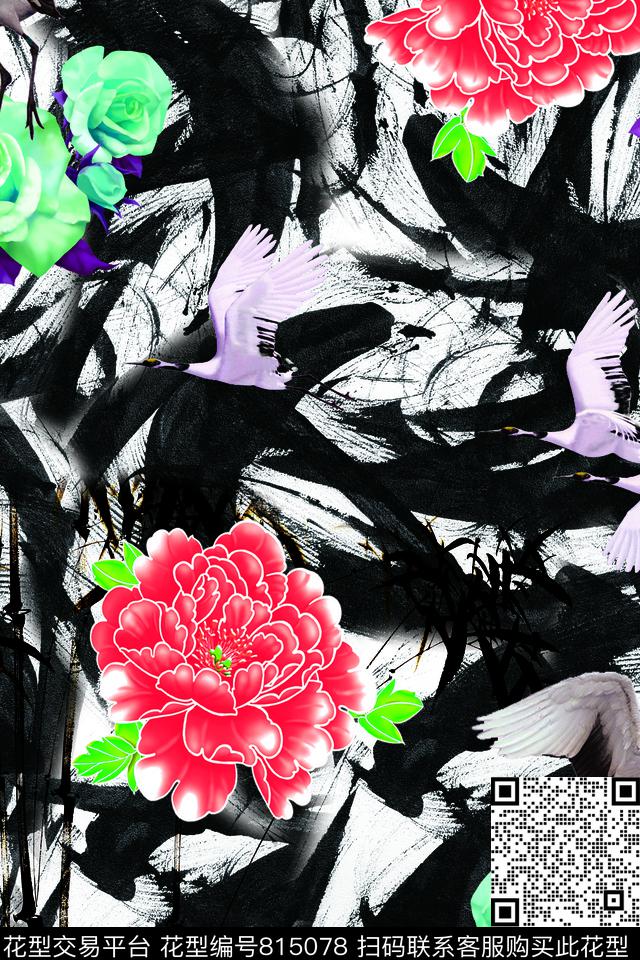 花仙鹤水墨数码印花华亿平台下载（图片编号: 815078） - 瓦栏（Walan）