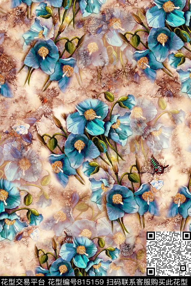 水墨花卉油画花卉旗袍花数码印花华亿平台下载（图片编号: 815159） - 瓦栏（Walan）