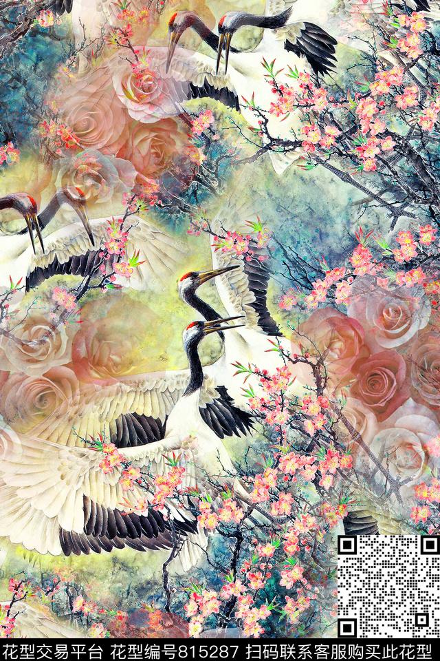 仙鹤花树枝数码印花华亿平台下载（图片编号: 815287） - 瓦栏（Walan）