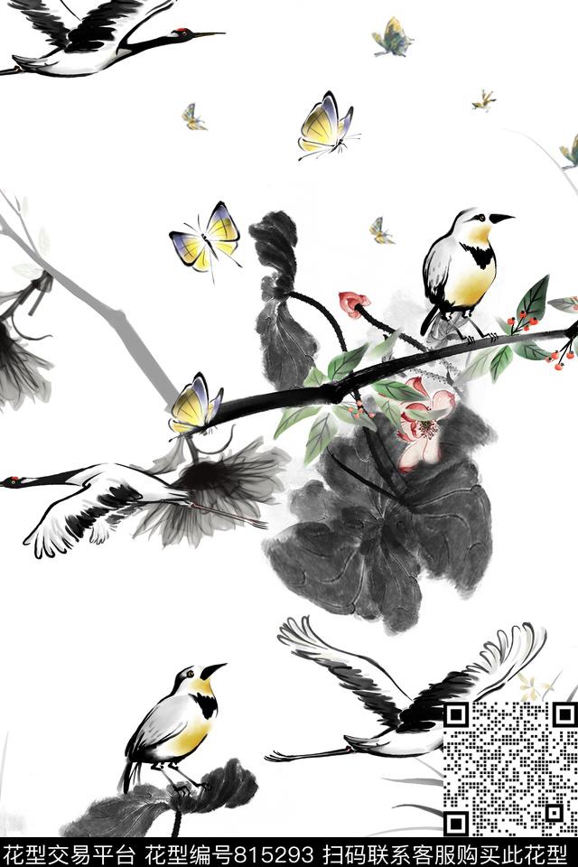 小鸟仙鹤荷花数码印花华亿平台下载（图片编号: 815293） - 瓦栏（Walan）