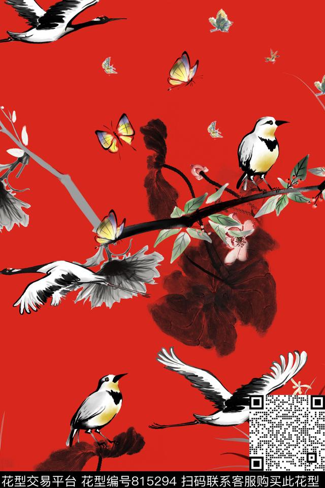 小鸟仙鹤荷花数码印花华亿平台下载（图片编号: 815294） - 瓦栏（Walan）