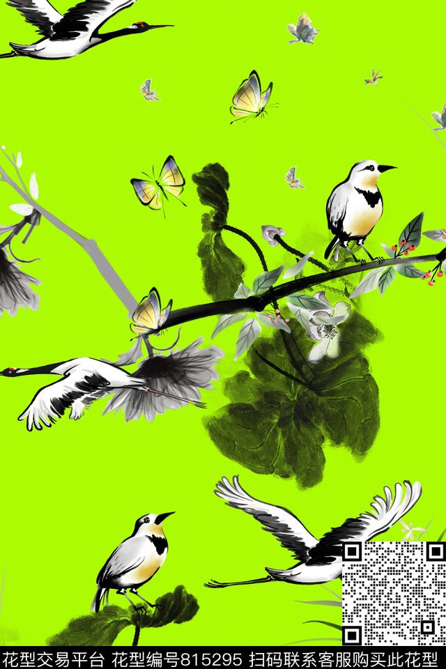小鸟仙鹤荷花数码印花华亿平台下载（图片编号: 815295） - 瓦栏（Walan）