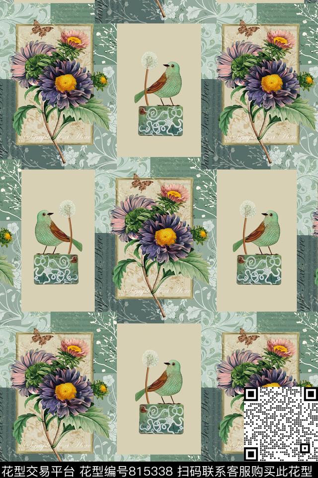 花鸟大花格子数码印花华亿平台下载（图片编号: 815338） - 瓦栏（Walan）