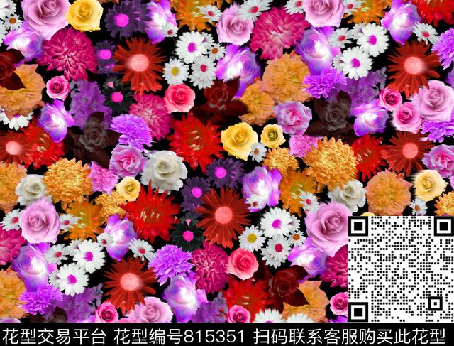 雏菊玫瑰花卉数码印花华亿平台下载（图片编号: 815351） - 瓦栏（Walan）