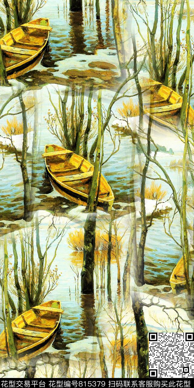 手绘风景满版花数码印花华亿平台下载（图片编号: 815379） - 瓦栏（Walan）