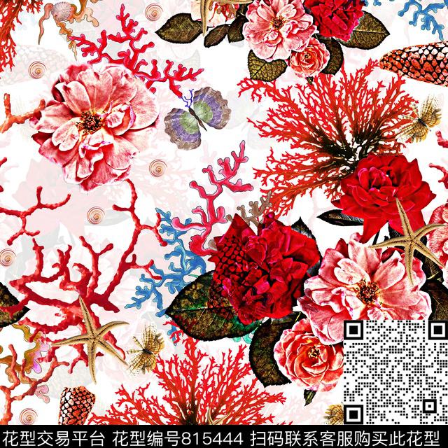 玫瑰珊瑚。贝壳。海螺数码印花华亿平台下载（图片编号: 815444） - 瓦栏（Walan）