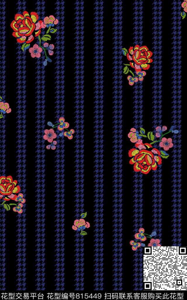 手绘花卉仿刺绣传统印花华亿平台下载（图片编号: 815449） - 瓦栏（Walan）