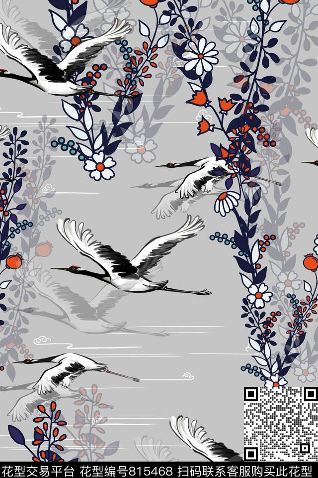 花鸟花卉鹤传统印花华亿平台下载（图片编号: 815468） - 瓦栏（Walan）
