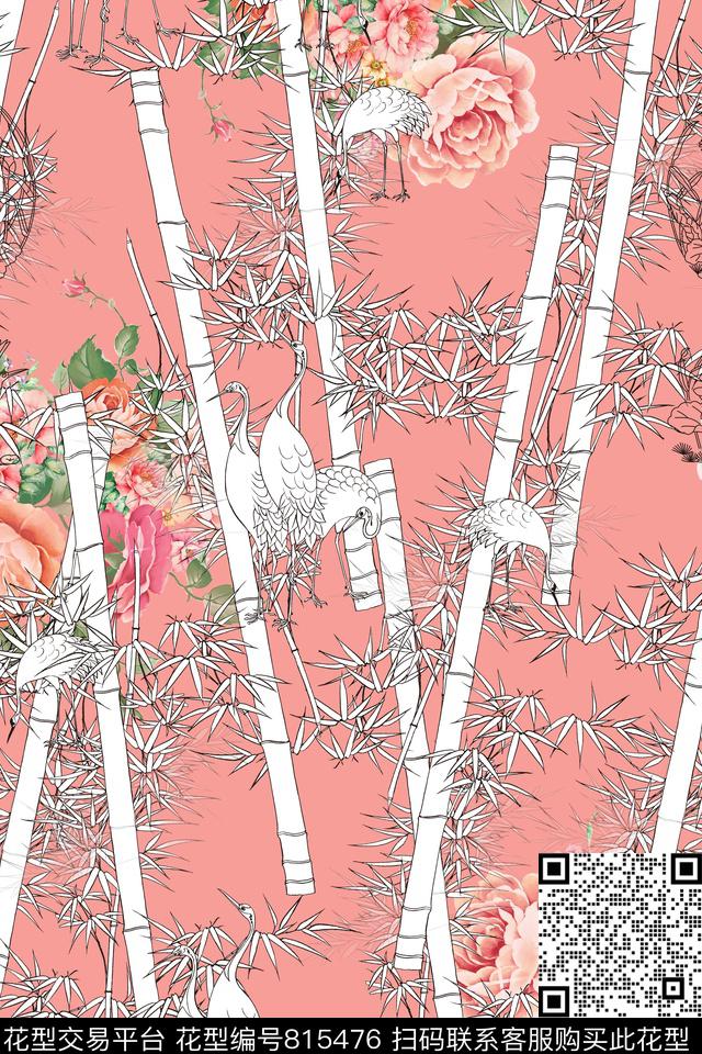 竹子花仙鹤数码印花华亿平台下载（图片编号: 815476） - 瓦栏（Walan）