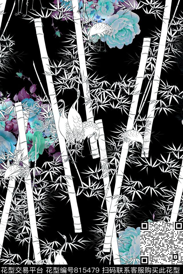 竹子花仙鹤数码印花华亿平台下载（图片编号: 815479） - 瓦栏（Walan）