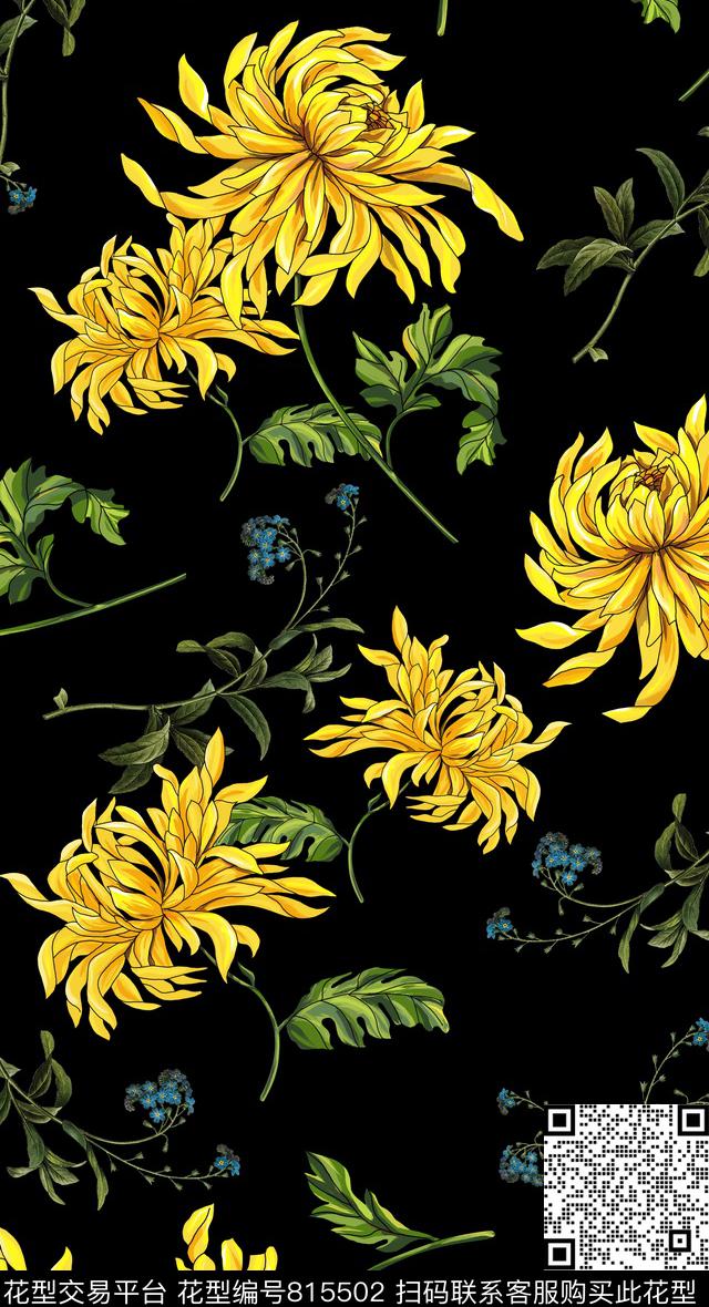 纯手绘黄色波斯菊花小雏菊兰花数码印花华亿平台下载（图片编号: 815502） - 瓦栏（Walan）