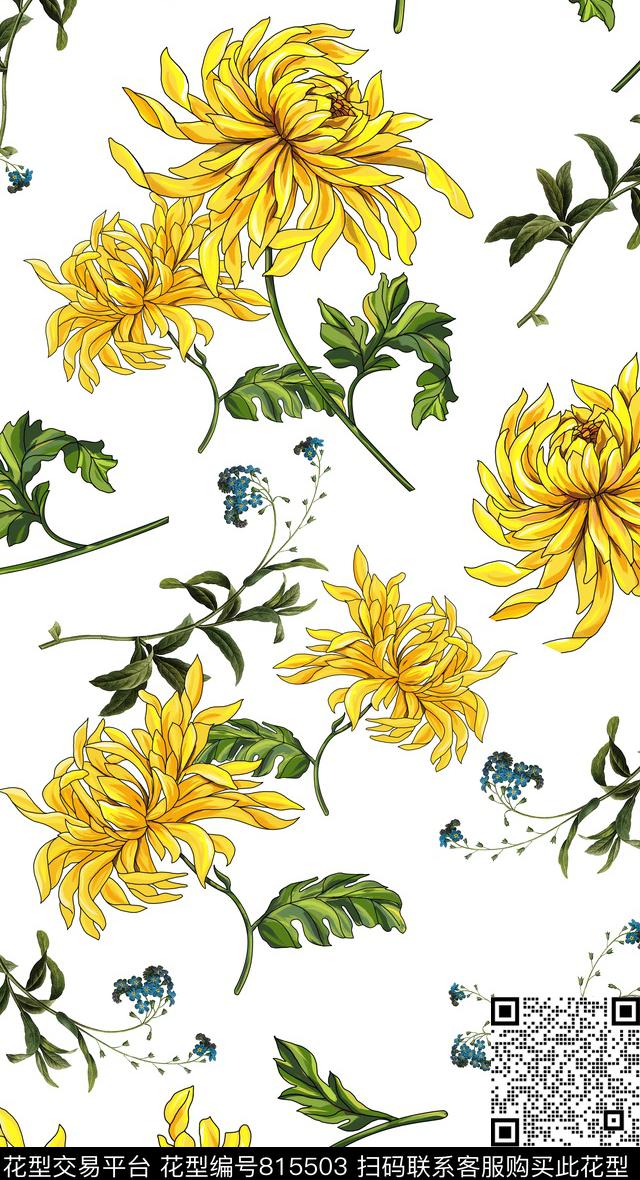 纯手绘黄色波斯菊花小雏菊兰花数码印花华亿平台下载（图片编号: 815503） - 瓦栏（Walan）