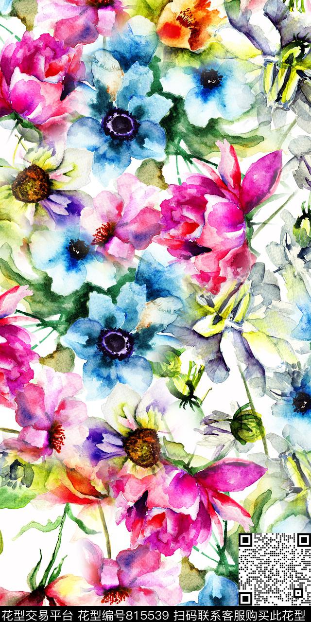 水彩花乱花花卉数码印花华亿平台下载（图片编号: 815539） - 瓦栏（Walan）