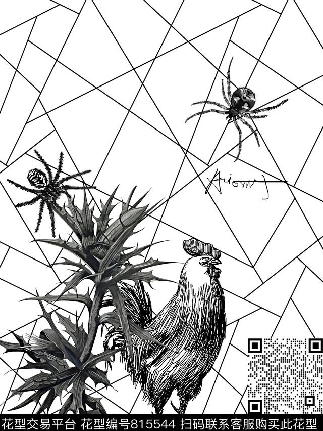 公鸡几何蜘蛛数码印花华亿平台下载（图片编号: 815544） - 瓦栏（Walan）