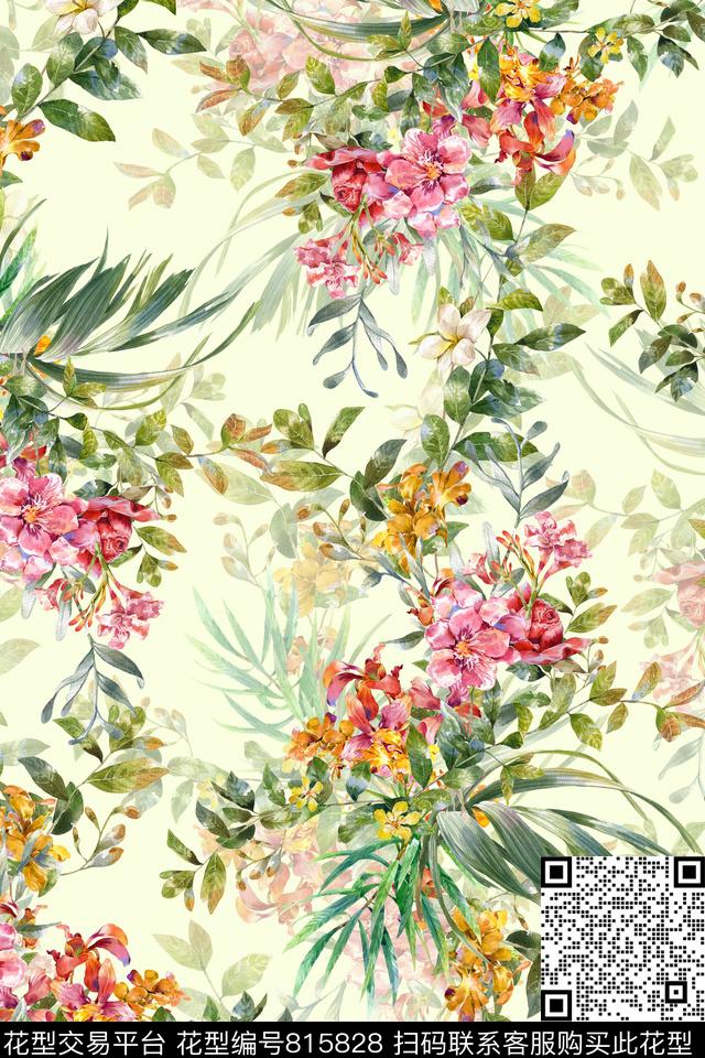 清新时尚田园淡雅缤纷花卉数码印花华亿平台下载（图片编号: 815828） - 瓦栏（Walan）