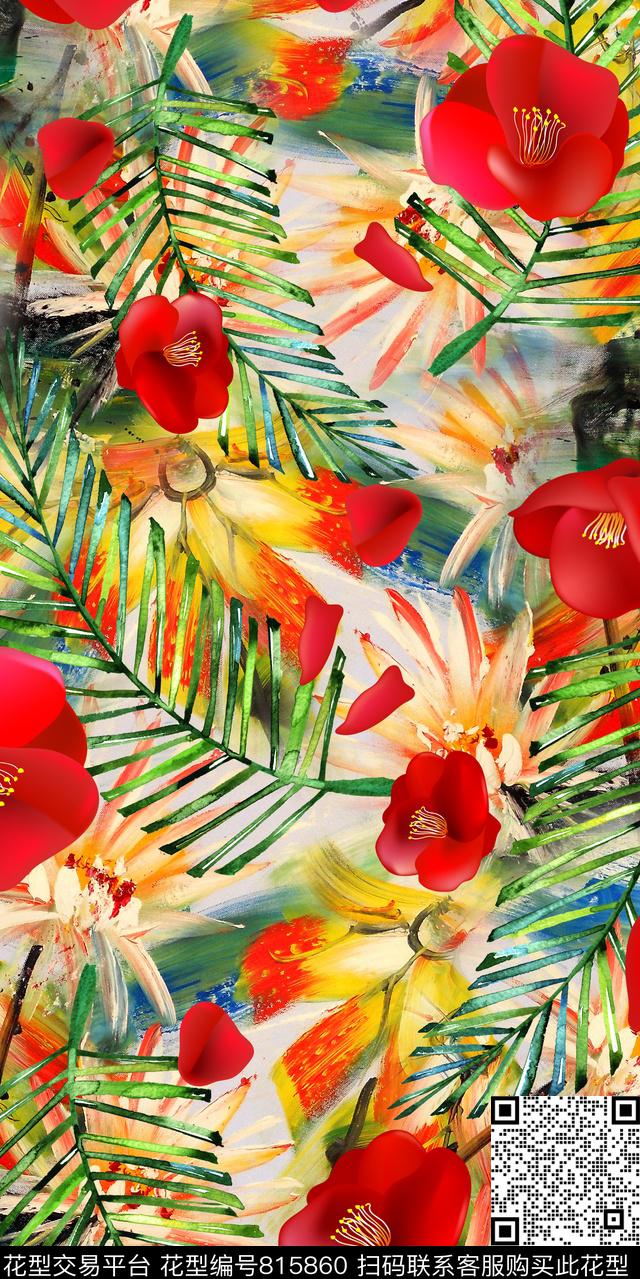 雏菊花卉树叶数码印花华亿平台下载（图片编号: 815860） - 瓦栏（Walan）