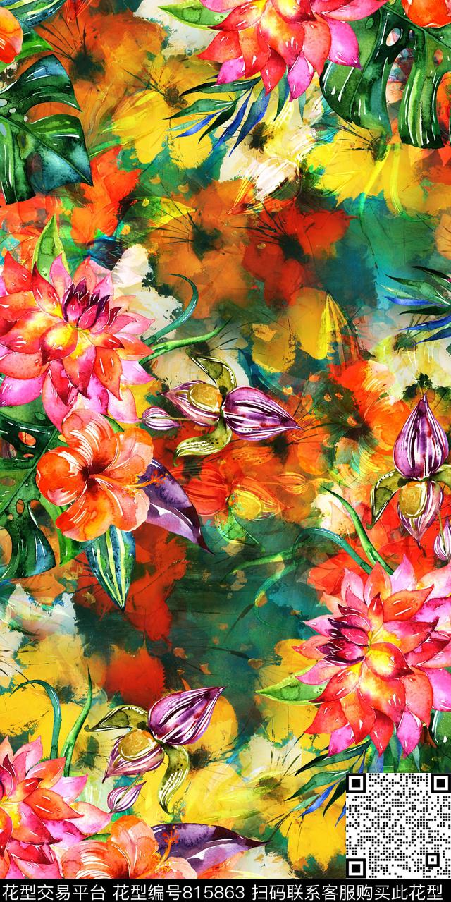 玉兰花百合牡丹数码印花华亿平台下载（图片编号: 815863） - 瓦栏（Walan）