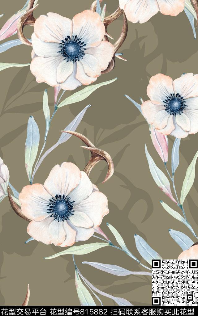 手绘水彩花卉数码印花华亿平台下载（图片编号: 815882） - 瓦栏（Walan）