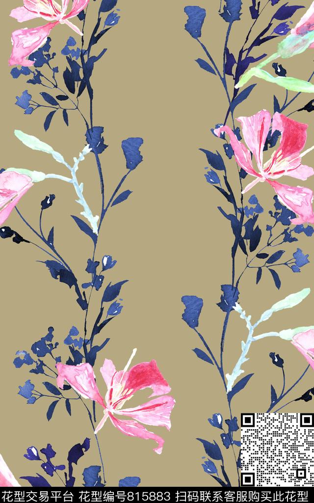水彩花卉叶子数码印花华亿平台下载（图片编号: 815883） - 瓦栏（Walan）