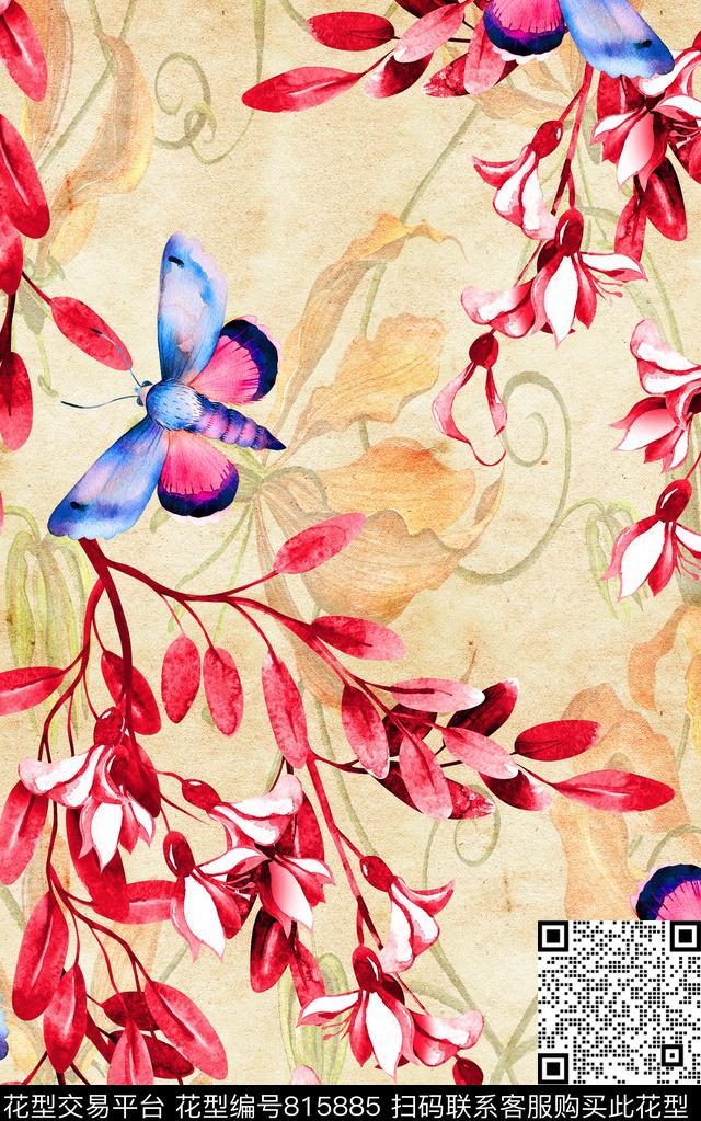 花卉手绘水彩数码印花华亿平台下载（图片编号: 815885） - 瓦栏（Walan）