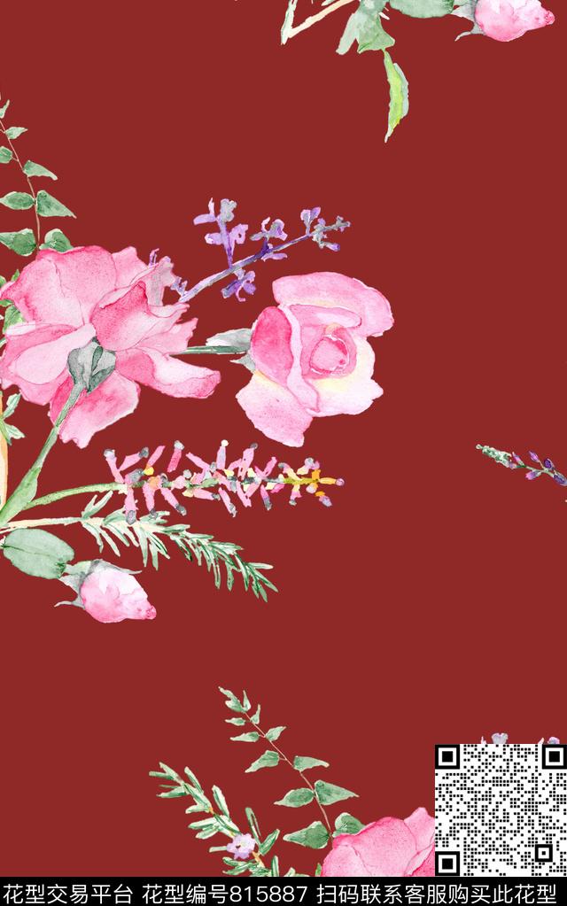 花卉手绘水彩数码印花华亿平台下载（图片编号: 815887） - 瓦栏（Walan）